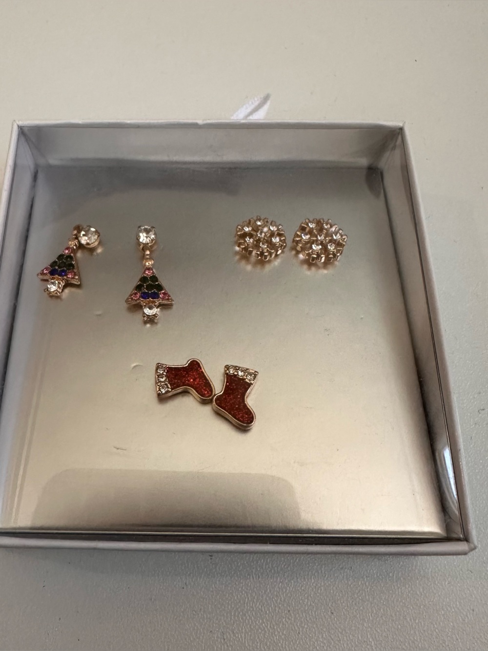 Gold-Tone Red Enamel Santa Boot & Crystal Stud Earring Set - Snowflake